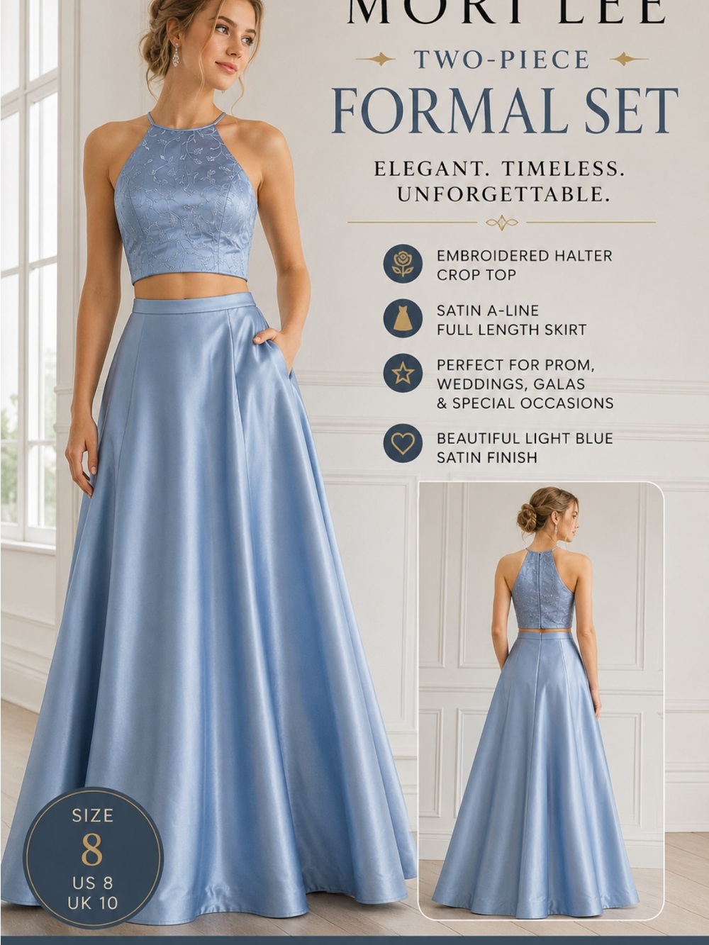 Mori Lee Light Blue Embroidered Halter Two-Piece Dress